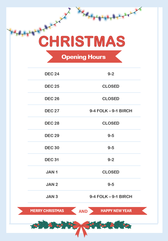CHRISTMAS OPENING HOURS 2025